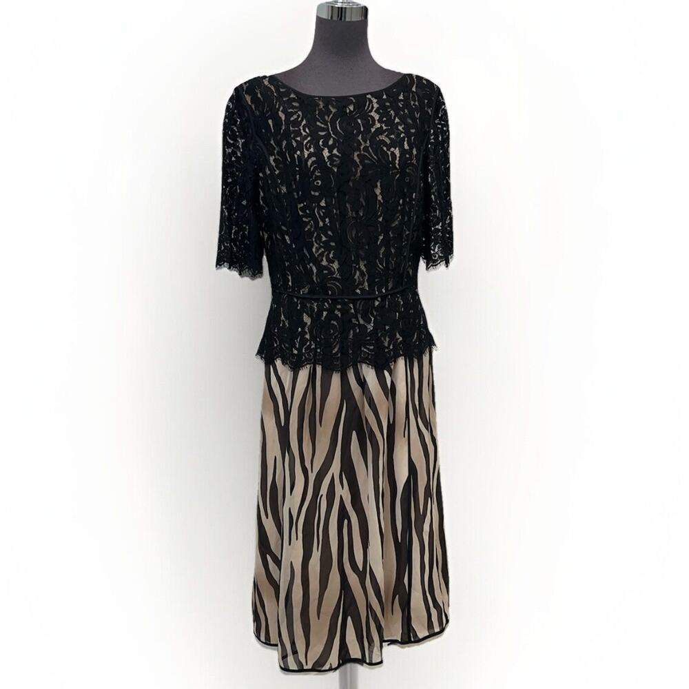 St. John Silk A Line Dress Women 6 Brown Black Tiger Print Lace Overlay